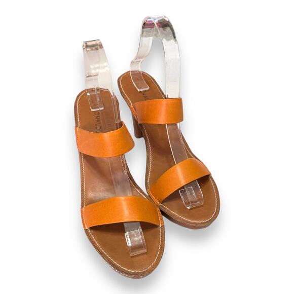 Donald J Pliner Chasta Orange Tan Two Strap Leather Heeled Sandals Womens Size 8 - Picture 1 of 9